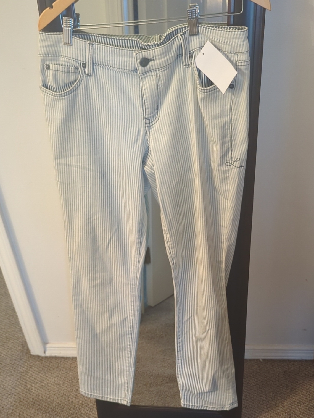 Level 99 White and Blue Pinstripe Straight Leg Jeans